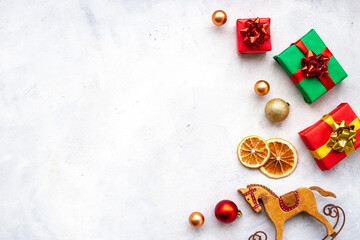 Christmas decoration background with gift boxes and baubles