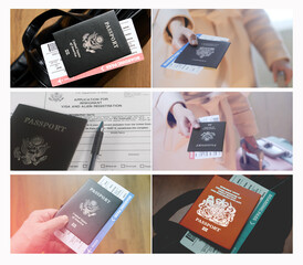  Set of photo A Persons hand holding American passport and of Europe union and boarding pass. 