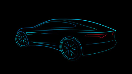 Fototapeta na wymiar Modern sport car side view sketch line silhouette blue green light isolated on black background. Vector illustration for AI concept technology of electric vehicle, self-driving car