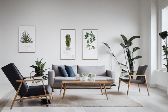 Modern scandinavian living room interior with mock up poster frame, design commode, plants, rattan armchair, book and elegant accessories in stylish home decor. Template.
