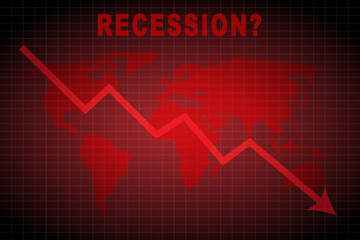 simple design illustration of global crisis or recession graph with red world map and falling red arrow