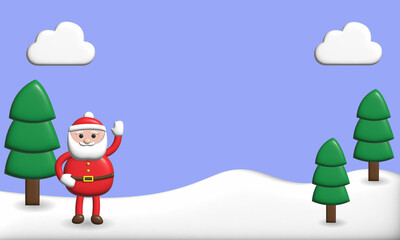 Santa Claus, Christmas trees among the snowy mountains, 3D illustrations