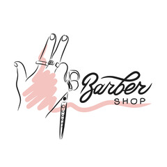Barber shop, handwritten quotes, male hand holding hair scissors