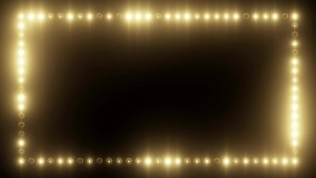 Flickering glowing frame animation of light bulbs on a black background. Bright seamless loop motion graphics of light film border. Stage light wall with blinking effect