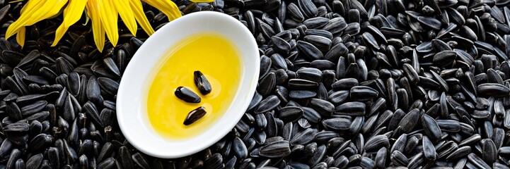 Fresh sunflower flower on a background of black seeds with a bowl of sunflower oil, vegetable oil...