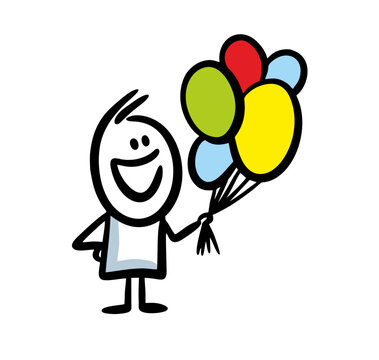 Glad man character with colorful balloons. Vector art.