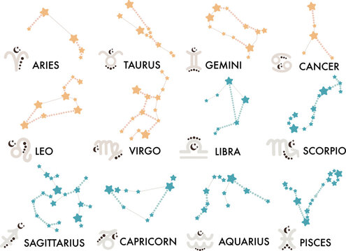 Set of Celestial Constellations. Horoscope symbols, astrology icons. Zodiac signs vector set.