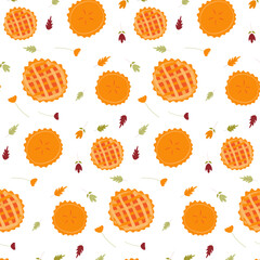 Pumpkin pie vector pattern. Autumn seasonal bakery food. Thanksgiving dessert wallpaper. Apples, leaves, acorn, pumpkin elements. Red, yellow, green fall colors.