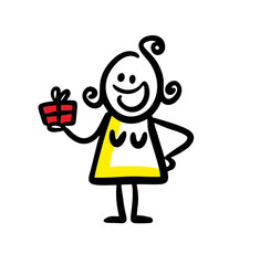 Cute hand drawn woman holding gift box in hand.