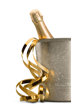 Bottle of Champagne in Ice Bucket with Streamer