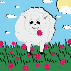 Sheep in the meadow with beautiful green grass and pink flower against background with white clouds and sun on blue sky. Summer picture with domestic animal. Sheep with lotus in the mouth.