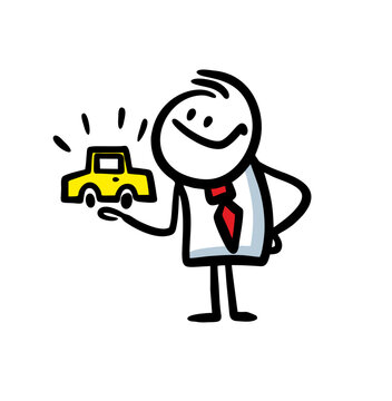 Vector image of man holding a new car on his hand.