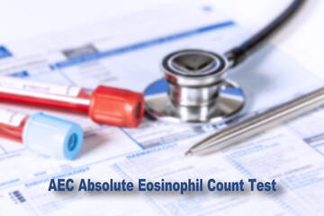 AEC Absolute Eosinophil Count Test Testing Medical Concept. Checkup list medical tests with text and stethoscope
