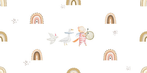 seamless, endless pattern with circus. Funny characters, trained animals on transport, jumping show, perfomance. Children's illustration, textile design, print on white background