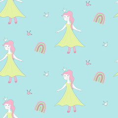 Little Princess Cute seamless Pattern with crown and rainbow