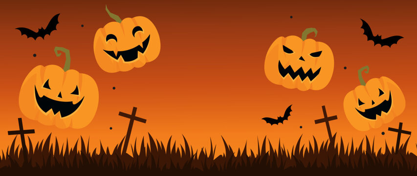 Halloween background, Halloween night with pumpkins and bright background, black grass and crosses with bats. Bright and colorful vector background for a banner, decoration, site, decor