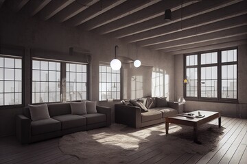 Fototapeta na wymiar Living room interior in loft, industrial style, 3d render