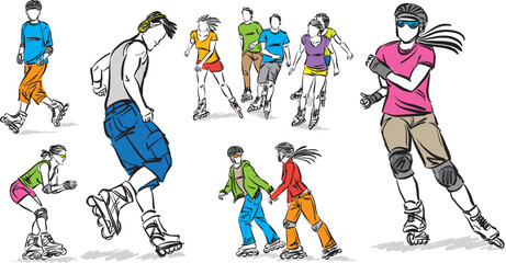 set collection 2 skate in line roller skater young sports recreation vector illustration © moniqcca
