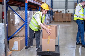 Warehouse worker use trolley carry carton box walk along the steel racking shelf looking for storage area on the correct location ready for barcode scan later