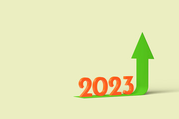 Arrow moving up and 2023 year calendar date on pastel beige background. Concept annual growth and success. 3d illustration with copy space