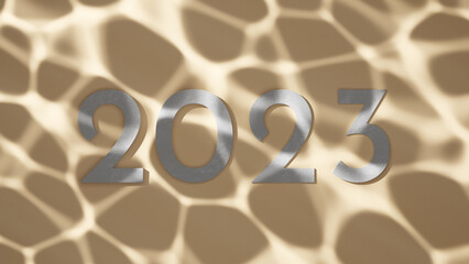 Numbers 2023 made of stone on sandy bottom underwater. 3d rendering water caustics. Texture lighting.