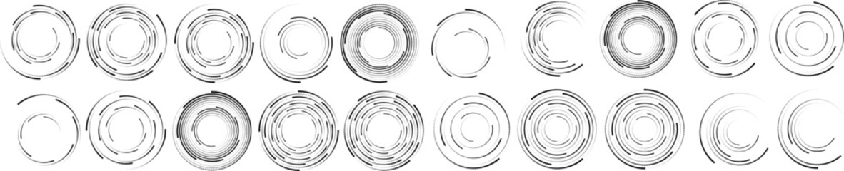 Abstract geometric circles with halftone  dots. Vector rotating dotted Line Design . Transparent design element . Concentric circles logo set .Minimal art 