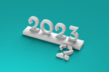 Numbers 2023 made of stone on podium and broken digit two on dark teal background. Concept new year. 3d illustration.