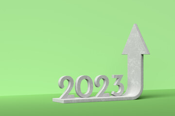 Concrete Arrow moving up and 2023 year calendar date on pastel green background. Concept annual growth and success. 3d illustration with copy space