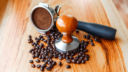 Equipment of barista coffee tool portafilter with tamper and dark roasted coffee beans on wooden table in a coffee shop