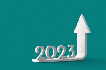 Concrete Arrow moving up and 2023 year calendar date on dark teal background. Concept annual growth and success. 3d illustration with copy space
