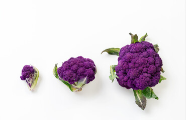 Purple cauliflower isolated on white background. Top view
