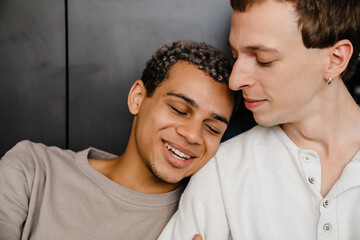 Happy young multiracial gay couple smiling and hugging together at home