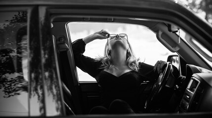 Gorgeous blonde woman in a car, luxury style, concept lady and automobile vibe