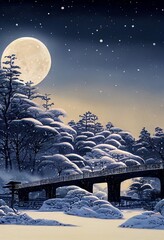 Japan winter night landscape