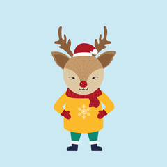 Cute deer characters on blue background. Christmas season and Happy new year season. Vector illustration