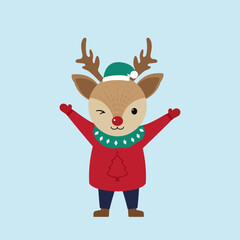 Cute deer characters on blue background. Christmas season and Happy new year season. Vector illustration