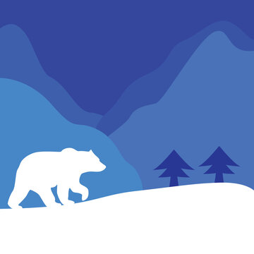 polar bear walking on the snow field over big blue mountains flat design