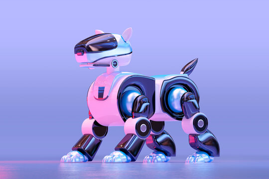 Robotic cyber dog pet. High technology mini robot cyborg guard with remote operation, futuristic electronic interactive puppy toy. Artificial intelligence, science, automation, tech 3D illustration