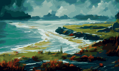 An impressionist style seascape landscape in a vector format - obrazy, fototapety, plakaty