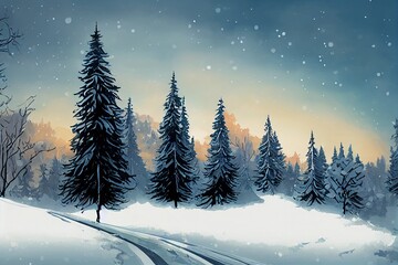 Fototapeta na wymiar illustration of a snow covered romantic winter landscape sceen with low light and trees