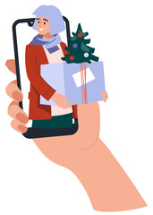 A Girl with a gift looks out of the phone. Online congratulations. The hand is holding a mobile phone. PNG illustration.