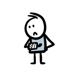 Cartoon sad man with the arm is in a cast and unhappy face.