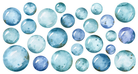 Watercolor set with blue bubbles. Cute winter snowballs