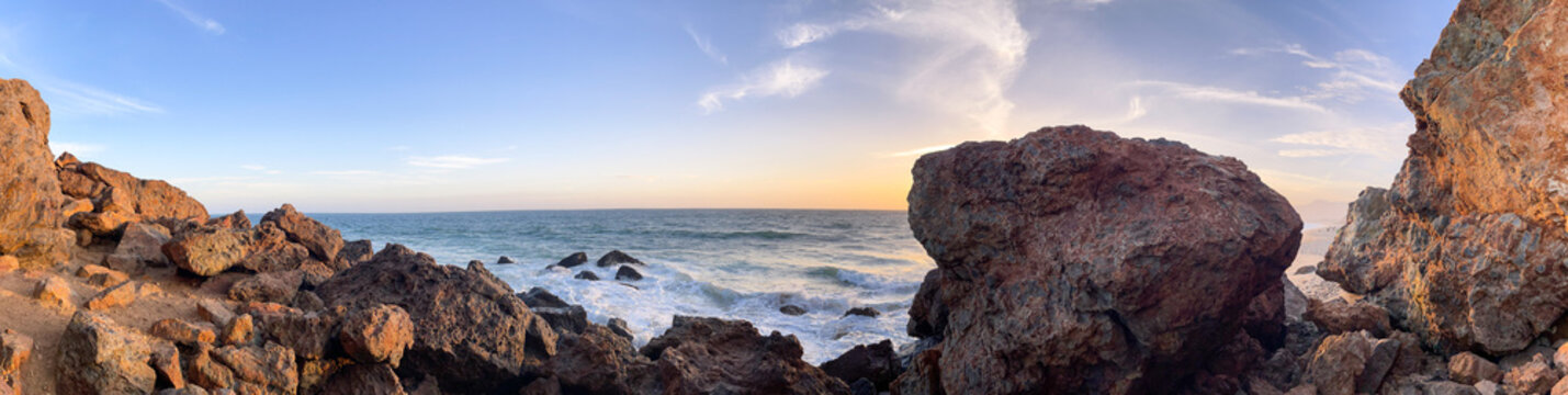 Panoramic View of Waves Crashing on Rocks at Point Dume, Malibu, California