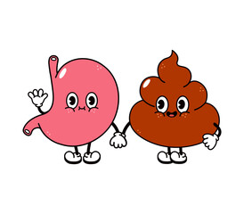 Cute, funny happy stomach and turd character. Vector hand drawn cartoon kawaii characters, illustration icon. Funny cartoon stomach and turd friends concept