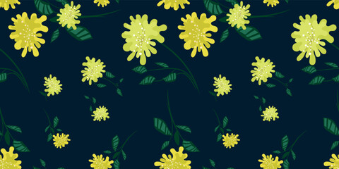 Seamless floral pattern with yellow abstract flowers on a dark blue background in a simple hand-drawn style. Geometric Yellow dandelions, chrysanthemums ditsy print. Modern vintage design,  Vector - 539486747