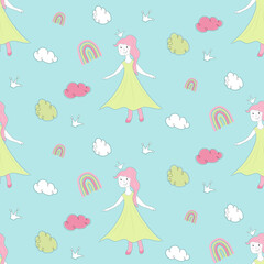 Little Princess Cute seamless Pattern with clouds and rainbow
