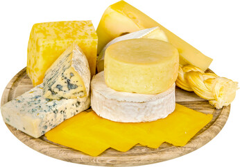 Various Kinds of Cheeses on the Wooden Platter - Isolated