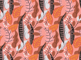 Seamless pattern with abstract leaves and berries on a trendy pastel coral background. Botanical print in a simple Scandinavian hand-drawn style. Colorful stylish floral collage. Creative vector. - 539486781