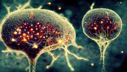 Microscopic image of human or alien cells, inside human body, creation of life, mesmerize movement of cells, neuronal links in human brain, synapses, electrical impuls in human body - obrazy, fototapety, plakaty